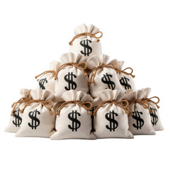 Pile of money bags with dollar sign isolated on transparent background