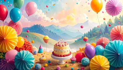 Pastel birthday cake with lit candles, surrounded by cupcakes, balloons, confetti, and decorations on light blue background.