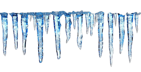 Blue icicles hanging down from the roof in winter scene