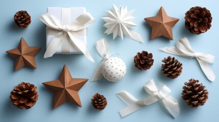 Blue background is the backdrop for a Christmas border adorned with an array of stars, pine cones, and fir branches