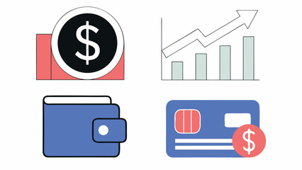 Illustration showing a coin, graph, wallet, and credit card representing financial growth and management