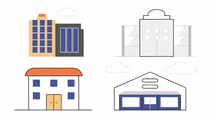 Illustration of four buildings with different architectural styles and cloud accents in the background