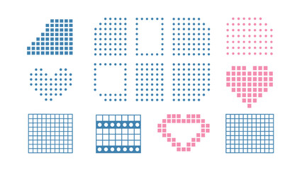 Collection of twelve pixelated shapes in blue and pink including hearts squares and circular arrangements of dots