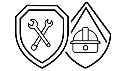 Shield with crossed wrenches and hard hat inside a shield in black and white line drawing style