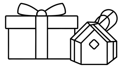 Outlined drawing of a gift box with a bow and a house shaped ornament with a string on a white background