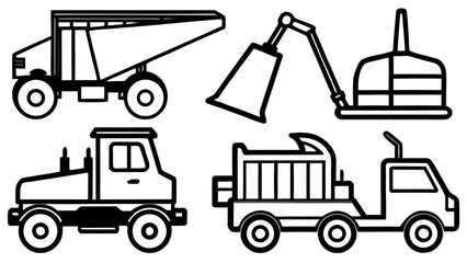 Illustration of construction vehicles including a dump truck excavator and two types of delivery trucks