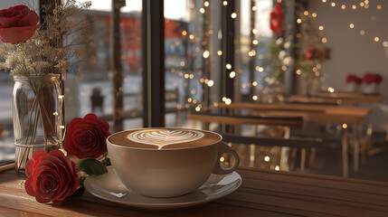 Romantic coffee latte art roses cafe lights cozy drink beverage shop