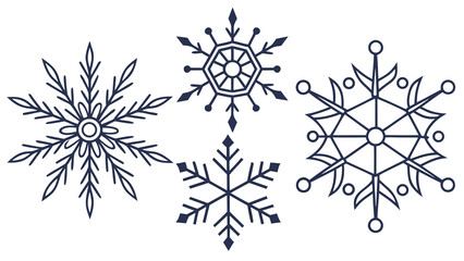 Illustration of four different snowflake designs with intricate details and varying shapes on white background