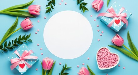 Stunning flatlay featuring pink tulips, charming gifts, and heart accents, perfect for conveying love and creating joyful designs for spring holidays