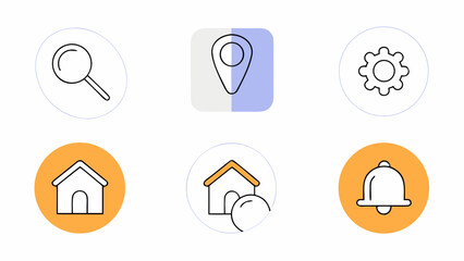 Collection of six different icons including search location settings home and notification bell symbols