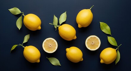 Bright lemons and leaves on dark backdrop create a refreshing and vibrant feel for summer recipes or healthy lifestyle concepts, perfect for food blogs