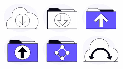 Illustration of cloud and folder icons with arrows indicating upload download and data transfer actions