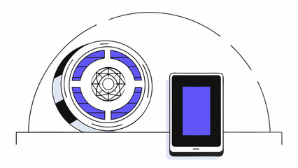 Stylized image of a decorative wheel and a tablet on a shelf under a semi circular arch