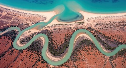 Stunning aerial view of winding river meeting turquoise ocean on a secluded beach, perfect for travel inspiration or environmental awareness campaigns