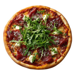 Delicious pizza with prosciutto and arugula isolated on transparent background