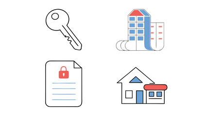 Illustration of a key, building, document with padlock, and house with extension in simple line art