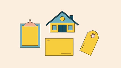 Illustration of a house, clipboard, rectangle and tag with a light beige background color scheme