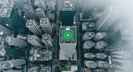 Stunning aerial view of modern skyscrapers featuring a rooftop helipad in a bustling metropolitan financial district covered in atmospheric fog