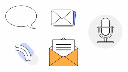 Illustration of a speech bubble, two envelopes, a wifi signal and a microphone icon set on white