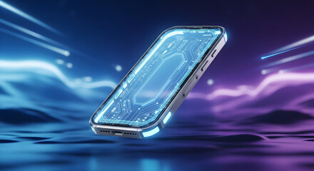 Advanced smartphone technology featuring a luminous digital interface floating over a futuristic neon data landscape