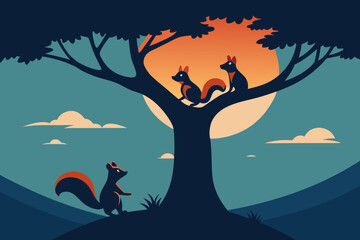 Cute Squirrels Climbing a Tree vector illustration