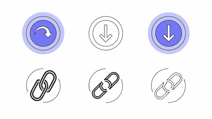 Illustration of download icons and link icons in various states on a white background