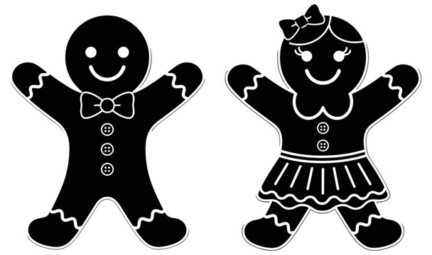 Gingerbread man and woman cartoon, festive holiday cookie characters, black and white illustration, Christmas baking theme, cute design