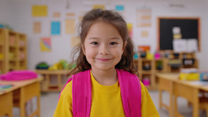 A cheerful young girl with a pink backpack smiles brightly in a vibrant classroom setting, ready for learning and adventure.