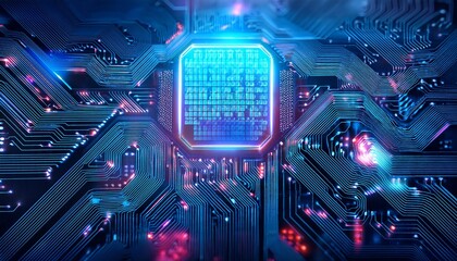 digital circuit board futuristic tech background with neon lights and microchips