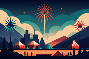Summer Celebration with Fireworks vector illustration