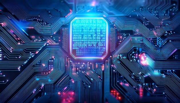 digital circuit board futuristic tech background with neon lights and microchips