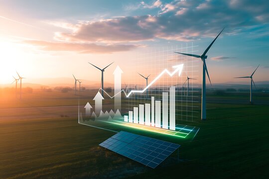 Renewable energy growth chart with wind turbines at sunset