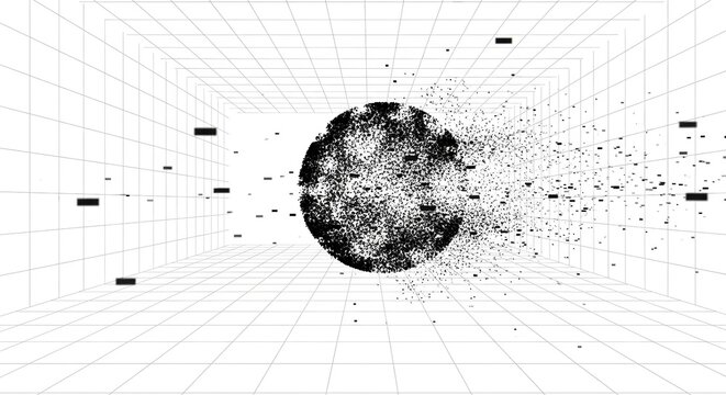 Dynamic data sphere exploding into particles, modern technology concept for innovative design, abstract futuristic technology background, data visualization art