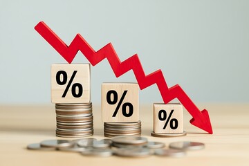 Red down arrow graph over stacked coins with percentage signs