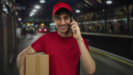 Man holds cardboard box with one arm and talks on phone at train station; efficiency reliability...
