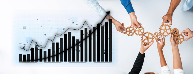 A dynamic representation of teamwork and innovation in business growth featuring gears and graphs. Ideal for concepts of success and collaboration. Axiom