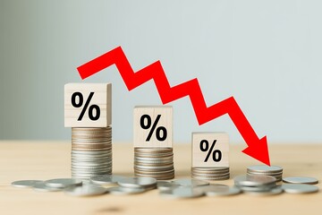Financial concept of declining interest rates or economic downturn with percentage symbols