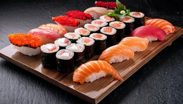 assorted sushi platter nigiri maki rolls with salmon tuna caviar for japanese cuisine enthusiasts