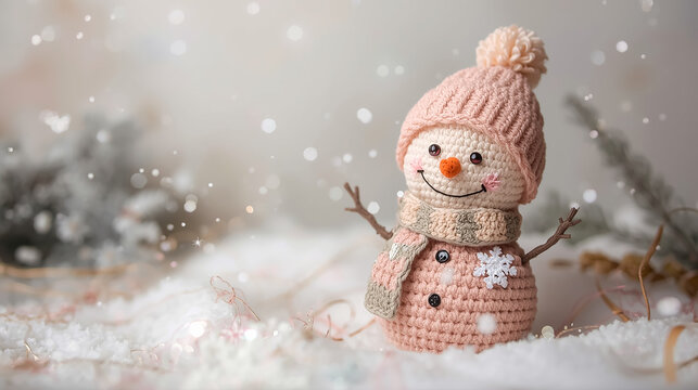 Soft pink winter Christmas background with a crocheted snowman in the snow and a blurred bokeh background. A Merry Christmas and Happy New Year greeting card with space for text. - Powered by Adobe