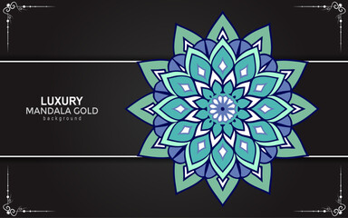 Elegant teal and gold mandala design on a dark black background