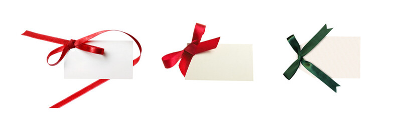 Blank gift tags with red green ribbons isolated object transparent PNG background