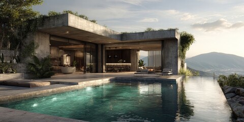 Fototapeta premium Serene Modern Mansion with Stunning Pool View and Elegant Architecture