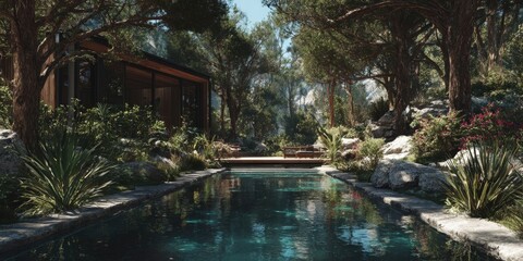 Serene Outdoor Haven with Modern House and Central Pool