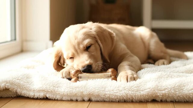 Adorable golden retriever puppy lying on a soft blanket in the sunlight, sleepily chewing on a rawhide bone to soothe teething gums
