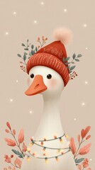 A silly white goose tangled in colorful Christmas string lights, wearing a knitted red and white winter hat