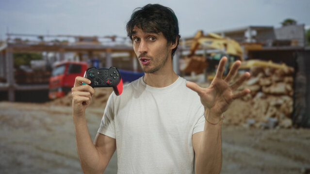 Man holds a black game controller with both hands in front of a building under construction; digital curiosity.
