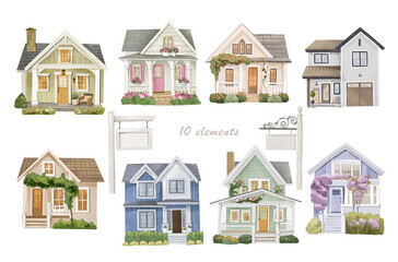 Watercolor house with flower illustration set.