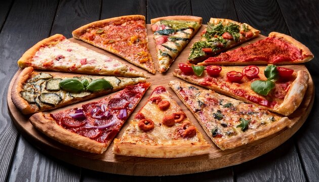 assorted pizza slices platter pepperoni vegetable and specialty toppings