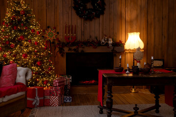 Cozy, rustic holiday interior featuring a lighted Christmas tree, a mantle with candles, a fireplace, and a wooden table with warm lamp light.