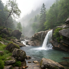 Serene waterfall cascading over roughhewn rocks
